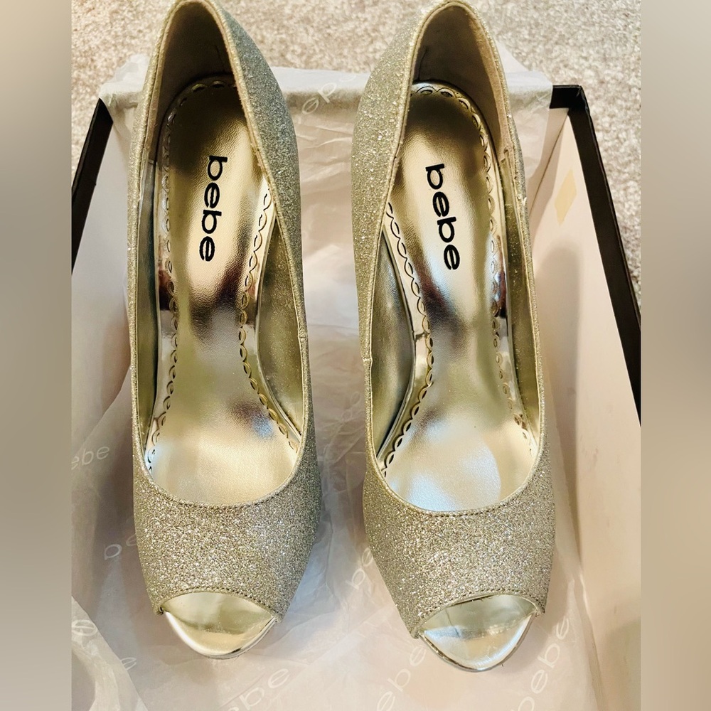 Bebe Sparkling Silver Peep Toe Heels